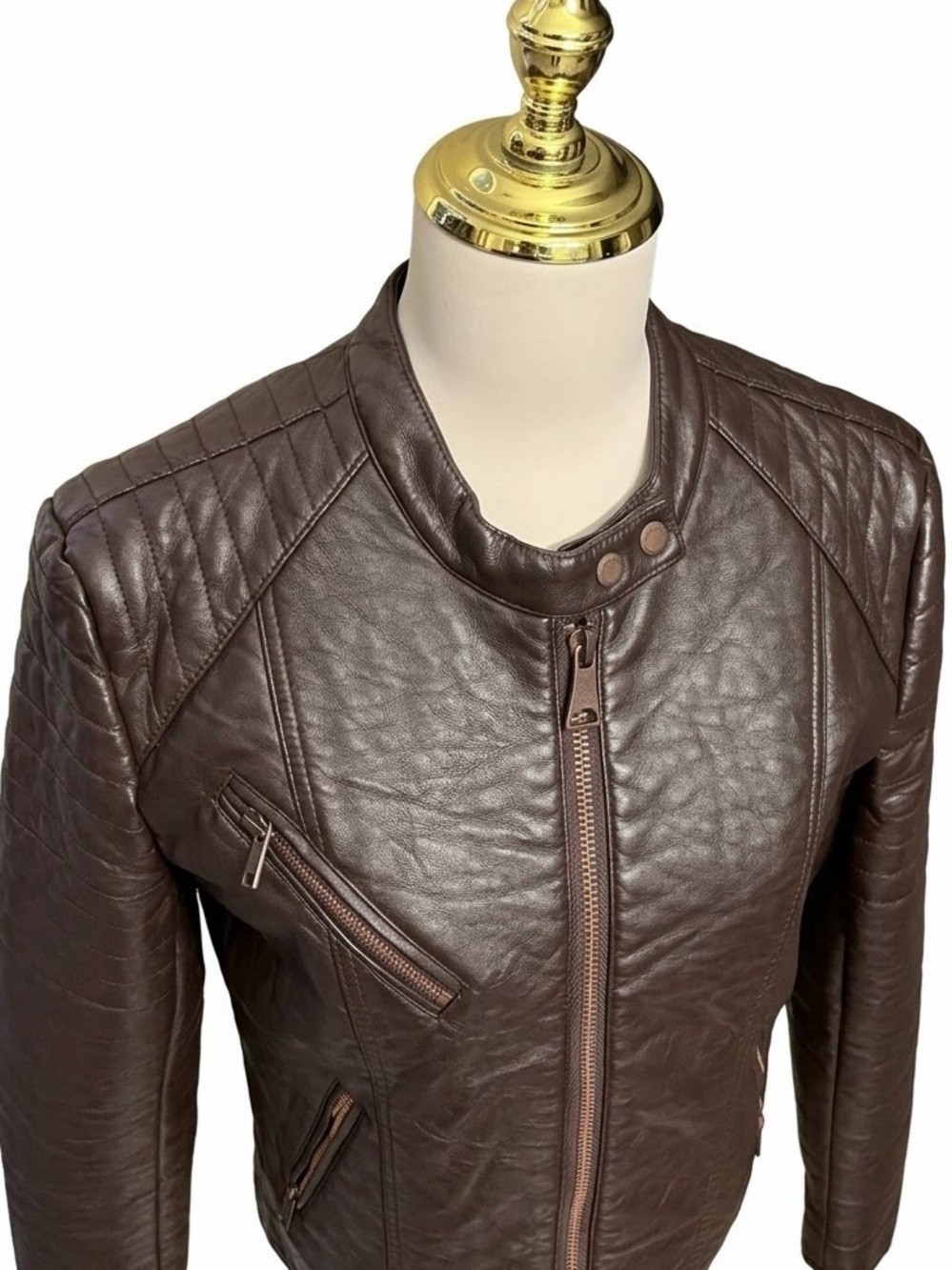 Marc New York Andrew Marc Brown Quilted Faux Leather Moto Jacket Women Size L - Picture 14 of 14